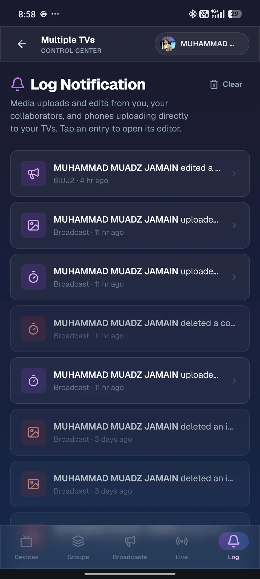 Log aktiviti pasukan dalam aplikasi