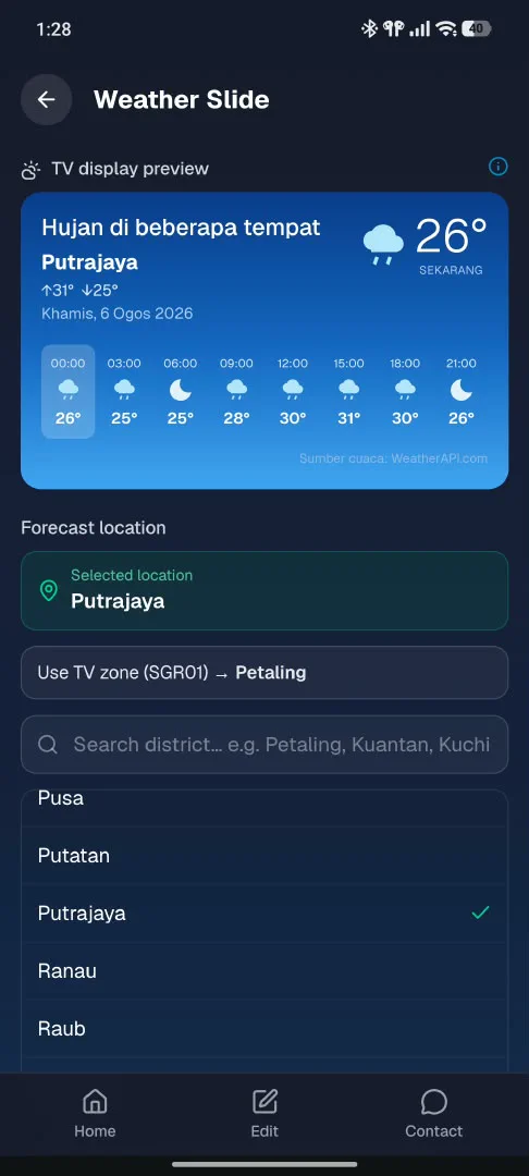 Skrin Weather Slide dalam aplikasi telefon: pratonton paparan TV & pilihan daerah ramalan