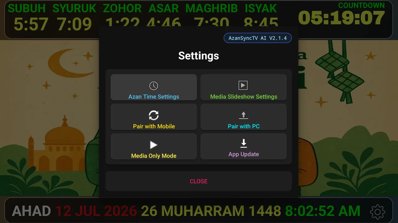 Menu tetapan penuh di TV, dikawal dengan remote