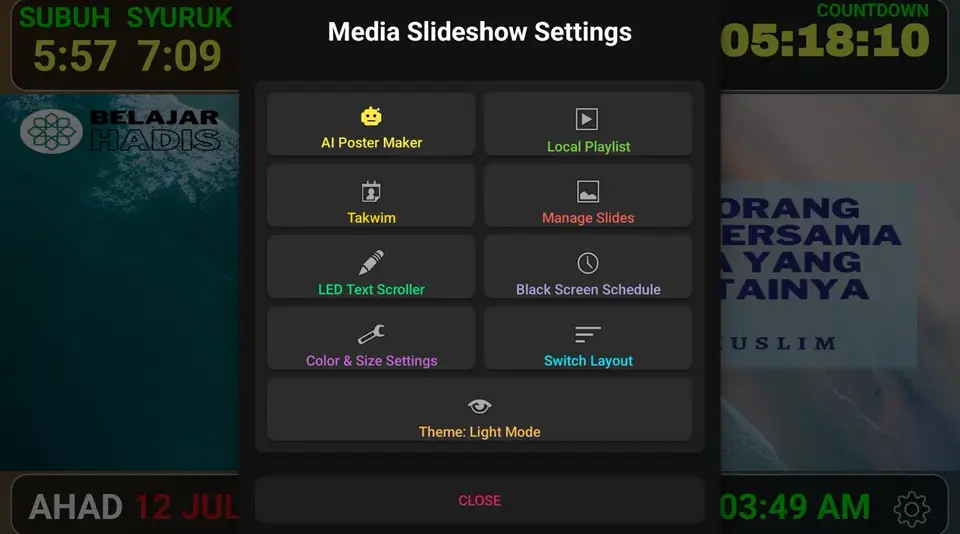 Menu Media Slideshow Settings di TV — urus slaid, LED scroller & tema guna remote